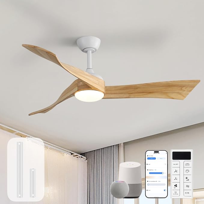 Sofucor 52 Inch Smart Ceiling Fans with Light-Modern Solid Wood Outdoor 3 Blades Ceiling Fan with Light Alexa/Google/APP/Remote Control for Bedroom Living Room Farmhouse, Quiet DC Motor, Natural Wood