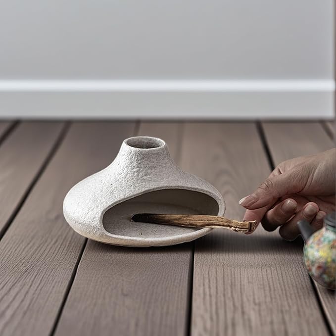 Holder Incense Burner-Mini Ceramic Fireplace,Handmade Smudge,with Chimney,for Sage,Palo Santo,Aromatic Ash Tray for Home Decor, Anxiety Relief & Valentine's Day Meditation Gifts for Women (Off-White)
