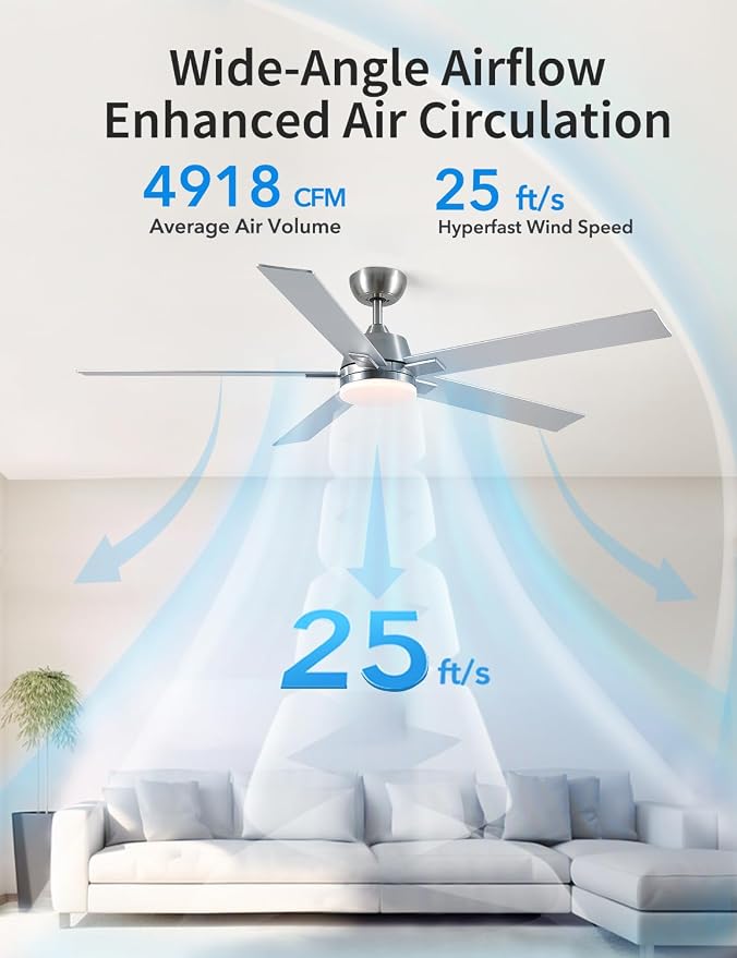 Rayqueen 60Inch Brushed Nickel Ceiling Fans with Lights and Remote,Downrod | 6 Speed Reversible DC motor,3-color temperature dimmable LED.For indoor/covered outdoor.Modern style for bedroom room