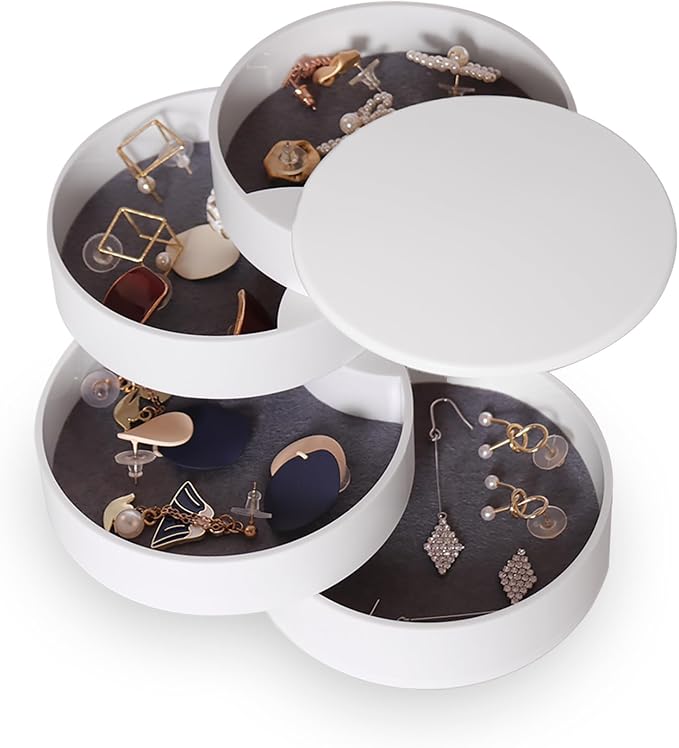CONBOLA Jewelry Organizer, Small Jewelry Storage Box Earring Holder for Women, 4-Layer Rotating Travel Jewelry Tray Case with Lid for Bracelets Rings Bracelets, Gift for Women Teen Girls(White)