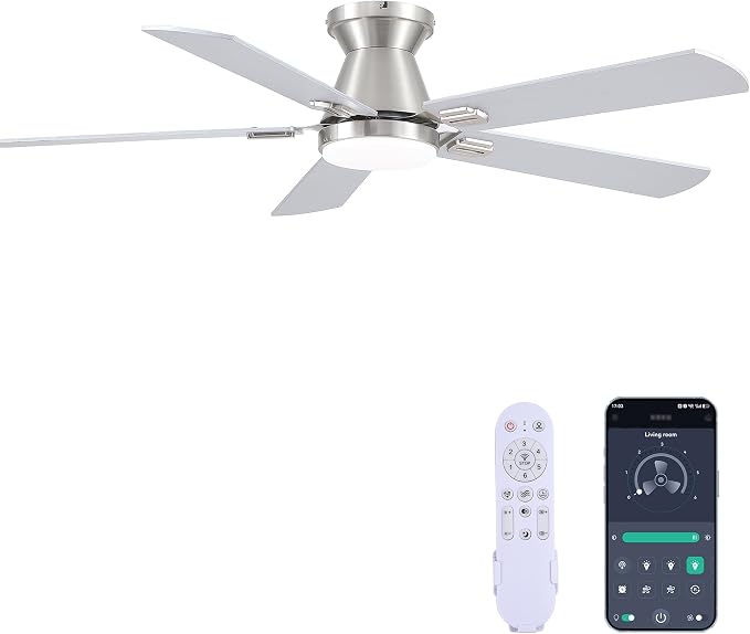 Ceiling Fans with Lights, 52'' Low Profile Ceiling Fan with Light and Remote/APP Control, Dimmable, Qiuet DC Motor, Flush Mount Ceiling Fan for Indoor Bedroom Living Room, Nickel