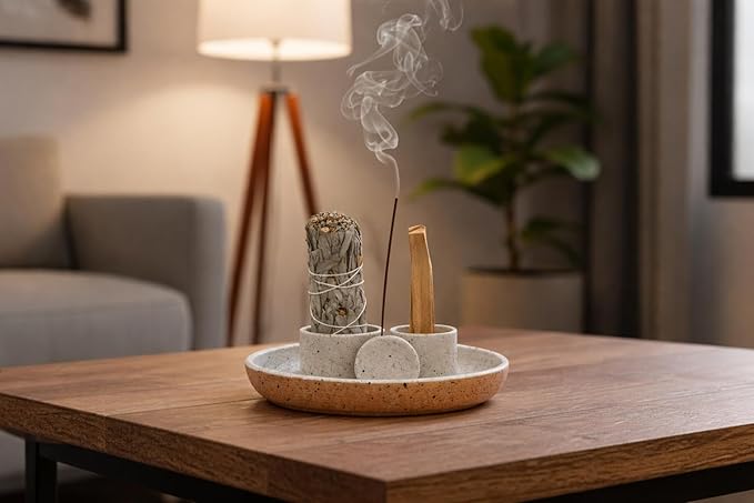 4-in-1 Ceramic Incense Holder Set for Sage, Palo Santo & Sticks – Modern Smudge Kit Burner Tray for Meditation, Yoga & Home Décor