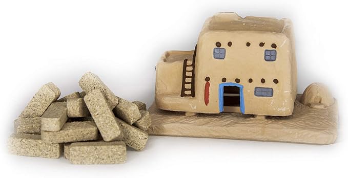 Incienso de Santa Fe - Casa de Adobe Natural Wood Incense Burner, Includes 20 Piñon Incense Bricks - Made in The USA