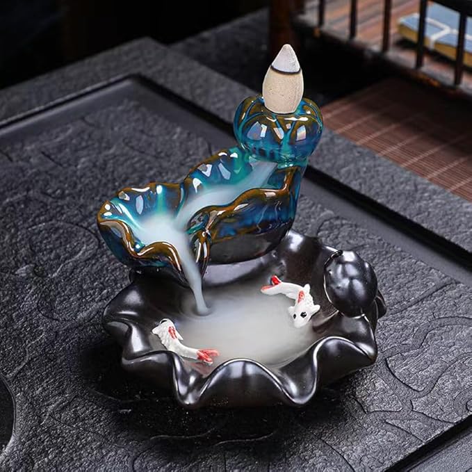 ARFUKA Ceramic Backflow Incense Burner Lotus & Koi Waterfall Design with Hypnotic Smoke Effect, Zen Meditation Decor for Home Office Yoga Room (Asian Inspired Aromatherapy Art)