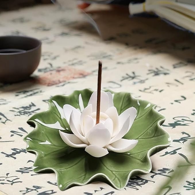 CREATCABIN Lotus Incense Burner Holder Stick Ceramic Detachable Ash Catcher Lotus Leaf Incense Burners Tray for Sticks Home Yoga Teahouse Zen Buddhist Altar Purify Spiritual Supplies White 3.54 Inch