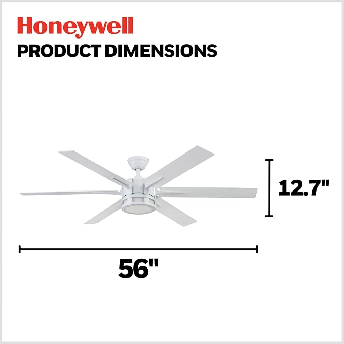 Honeywell Ceiling Fans Kaliza Modern 56 Inch Ceiling Fan with Light, Remote Control Fan, LED Indoor Fan with 6 Blades, Gray Wash and White Blade Finish Options, White (51477-01)