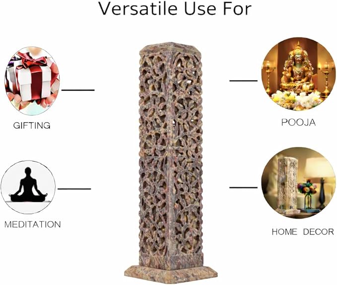 Handmade Stone Incense Stick Holder | Unique King Size Long Tower Burner | Camphore - Tealight - Dhoop Batti - Candles Holder for Yoga, Meditation and Home Decor. (Floral)
