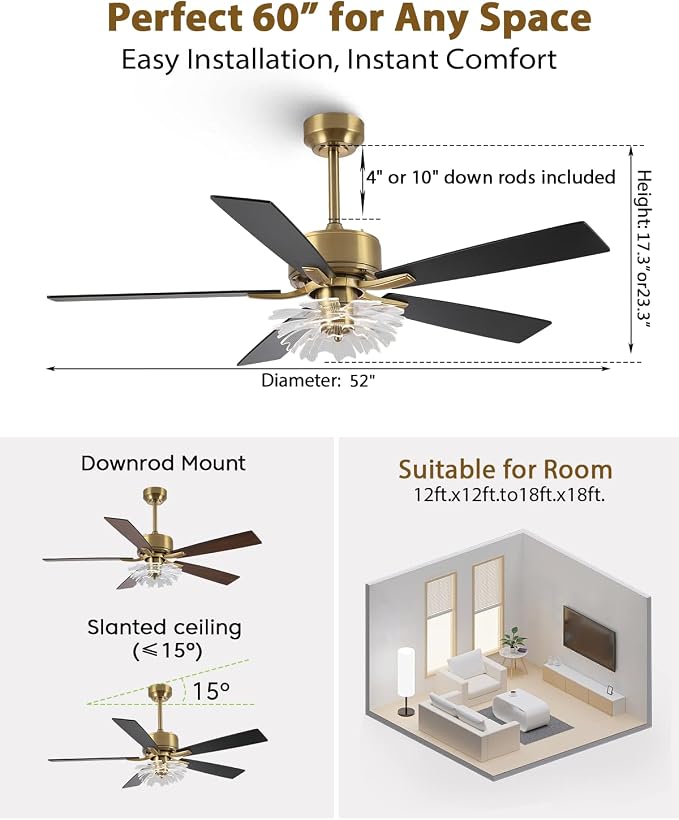 52 Inch Gold Ceiling Fans with Lights and Remote, Modern PS Petal Crystal Black and Gold Ceiling Fan for Bedroom Living Room Apartment, 3CCT Dimmable Indoor Girls Chandelier, 6 Speeds DC Motor