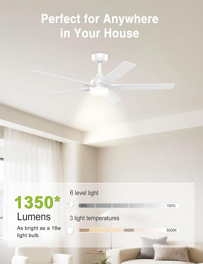 DAMINY 52 inch White Ceiling Fans with Lights,5 Blades,3CCT, Low Profile,Remote Control,for Bedroom, Kitchen,Living Room,Indoor/Outdoor Use,Downrod