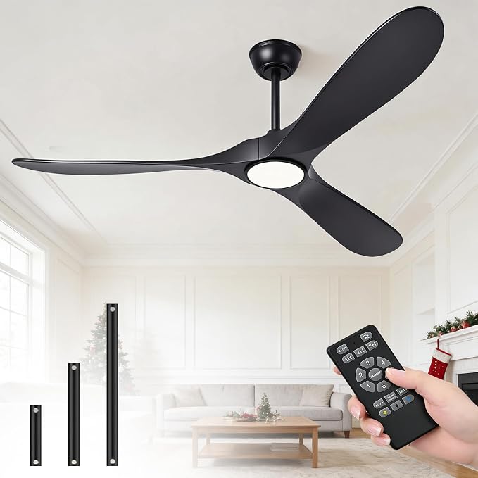 60 Inch Ceiling Fans with Lights and Remote, Wood Outdoor Ceiling Fan with 6 Speed Noiseless DC Motor, Indoor Modern 3 Blade Propeller Ceiling Fan for Bedroom Living Room Gazebo Patio (Black)