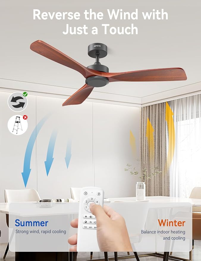 52 Inch Ceiling Fans with Remote no Light, Solid Wood 3 Blade Modern Ceiling Fan, Quiet DC Motor, 6 Speeds, Dimmable LED, Timer, Indoor & Covered Outdoor Living Room, Bedroom, Patio (Dark Wood)