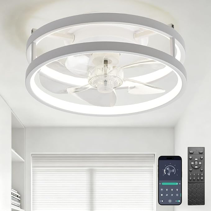 13 Inch Small Ceiling Fan with Light and Remote, Low Profile Flush Mount Fandelier, Dimmable 3CCT Quiet LED Ceiling Fans for Bedroom, White