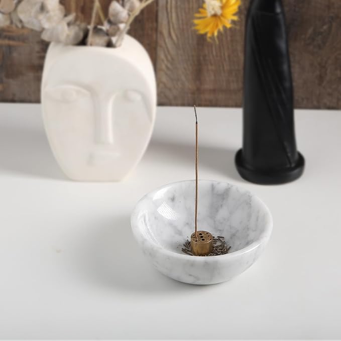 Koville Italian Natural Marble Incense Holder, 5inch Incense Holders for Sticks, Sturdy Incense Burner Ash Catcher, Ideal for Meditation, Relaxing, Easy to Clean(Bianco Carrara)