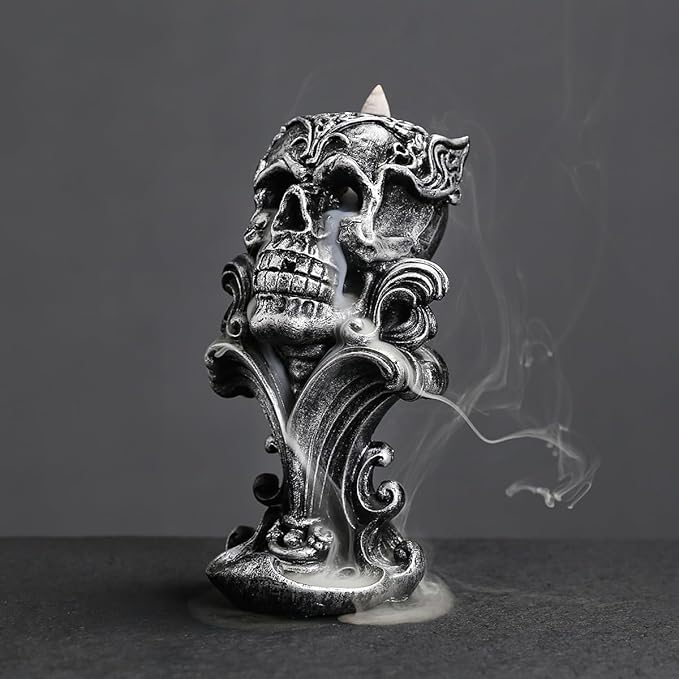 Comeon Backflow Incense Holder Burner Resin Skull Incense Burner Waterfall Incense Burner Home Decor + 20 Backflow Incense Cones + 30 Incense Sticks +1 Tweezer +1 Mat（Metallic Silver）