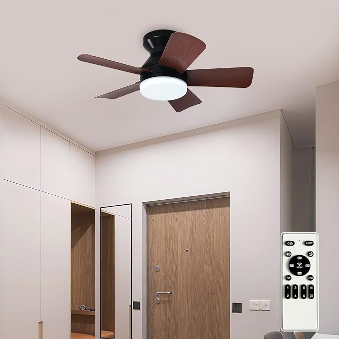 Depuley Modern Ceiling Fan with Light: 25-Inch Black Small Fans for Bedroom Indoor Outdoor - Dimmable Low Profile Ceiling Fans with Remote Control Flush Mount 5 Reversible Walnut Blades 6 Speeds Timer