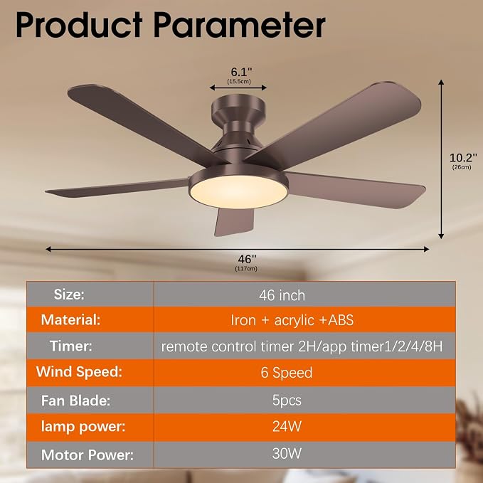 Ceiling Fans with Lights, 46" Low Profile Ceiling Fan with Light, Remote/App Control, Flush Mount Ceiling Fan for Bedroom, Indoor/Outdoor (Brown)