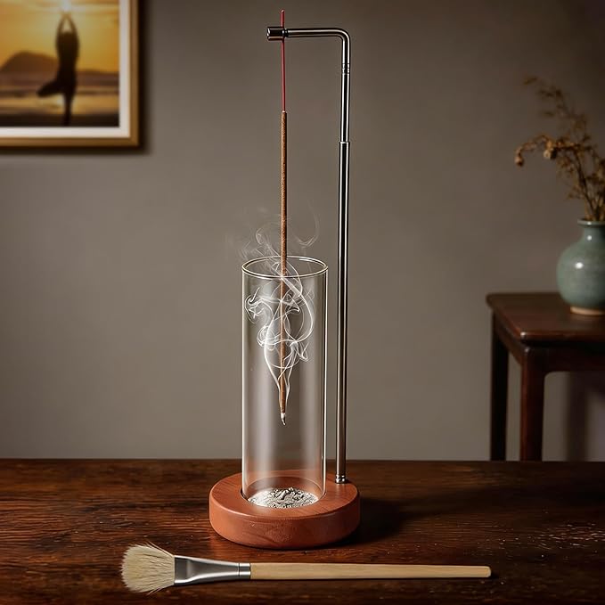 EMETE Incense Holder with Glass Ash Catcher, Retractable Wooden Incense Burner Fits Short, Long & Extra-Long Incense Sticks, Mess-Free Ash Catcher for Meditation Yoga Decor