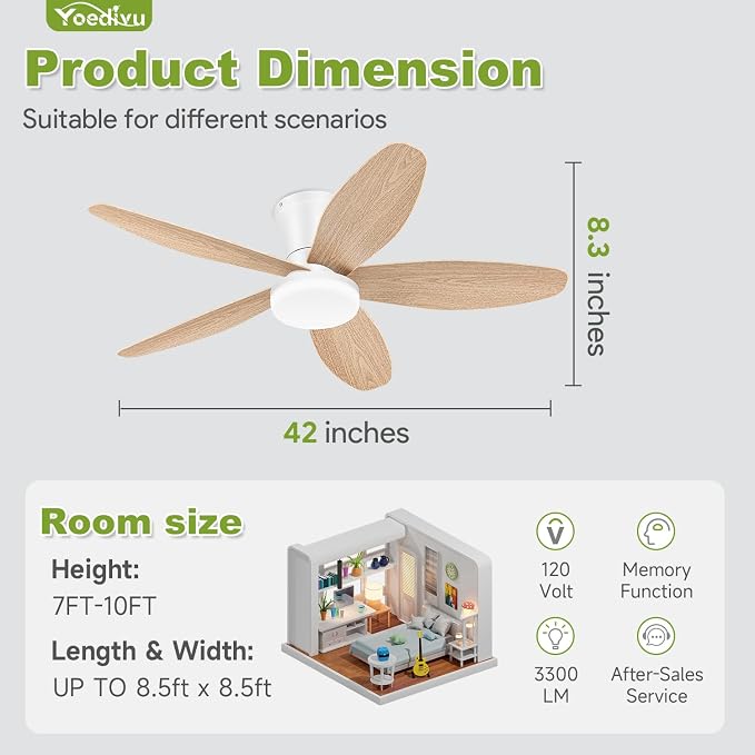 Ceiling Fans with Lights - 42 Inch White&Wood Flush Mount Ceiling Fan 6-Speed Wind, Quiet Reversible DC Motor, 3 Color Dimmable Lighting, Small Low Profile Ceiling Fans for Living Room/Bedroom