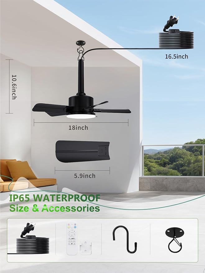 LANMEL Outdoor Gazebo Ceiling Fan with Light and Remote, 18 Inch, Black | Plug-In, IP65 Waterproof, Hanging with Hook, 6 Speed, Reversible, 3CCT, Dimmable, Portable, for Patio, Canopy, Porch, RV
