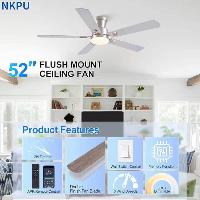 NKPU 52Inch Flush Mount Ceiling Fans with Lights and Remote Control/APP Control, DC Reversible Motor, Noiseless, Dimmable, Low Profile Nickel Ceiling Fan for Bedroom Indoor/Outdoor Use
