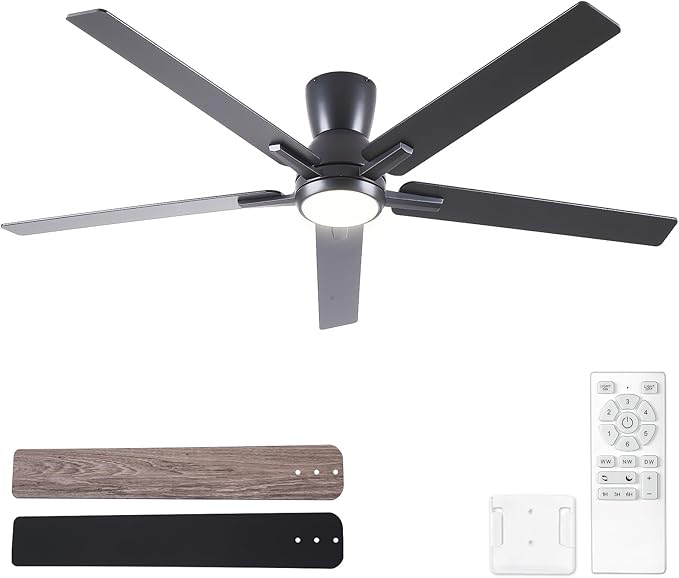 Sevenine 60'' Balck Flush Mount Ceiling Fan with Light & Remote, ETL Listed | 6 Speed, Quiet DC Motor, 3-Level Timer Function, 3 Color Temperature, Forward/Reserve For all Seasons, Indoor/Covered Outdoor