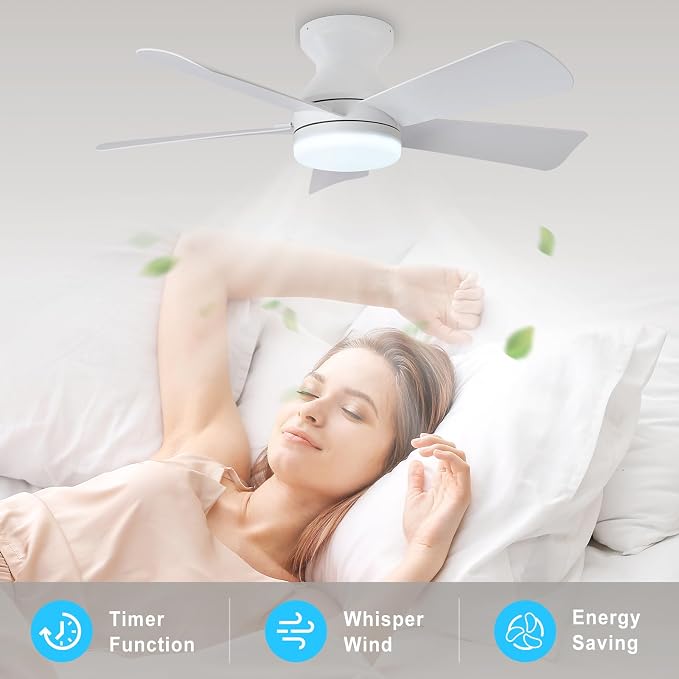 Depuley Modern Ceiling Fan with Light: 35-Inch White Small Fans for Bedroom Indoor Outdoor - Dimmable Low Profile Ceiling Fans with Remote Control Flush Mount 5 Reversible White Blades 6 Speeds Timer