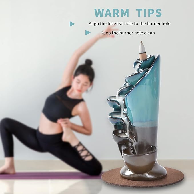 YYW Backflow Incense Burner Holder Handmade Statue Decor Fountain Waterfall Incense Holder with 20 Backflow Incense Cones 30 Incense Sticks 1 Tweezer 1 Mat for Indoor Meditation Yoga (Blue)