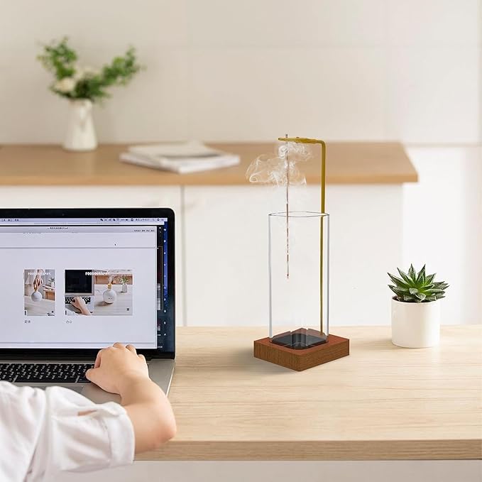 Seedlink Wooden Aromatherapy Incense Holder – Upside Down Hanging Rack with 1L Ash Catcher for Home Office or Yoga Space Décor & Meditation (Glass Height 17cm)