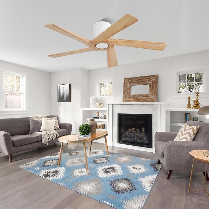 WINGBO 54 Inch Flush Mount DC Ceiling Fans without Lights, 5 Carved Solid Wood Blades, 6-Speed Reversible DC Motor, Low Profile Hugger Ceiling Fan No Lights for Indoor and Outdoor, White and Oak
