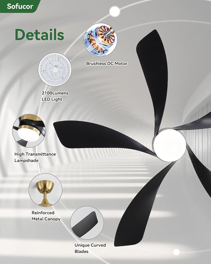 Sofucor 52" Smart Ceiling Fan, Indoor/Outdoor Ceiling Fans with Lights and Remote, Compatible with Alexa/Google/App, 3-Color Light 6-Speed Timing Reversible DC Motor for Bedroom Living Room Patio