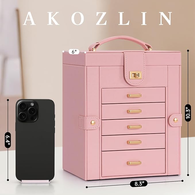 AKOZLIN 6-Tier Jewelry Box Organizer Functional 5 Drawers Leather Jewelry Storage Case for Women Girls Ring Necklace Earring Bracelet Holder Organizer with Mirror Light Pink Regular