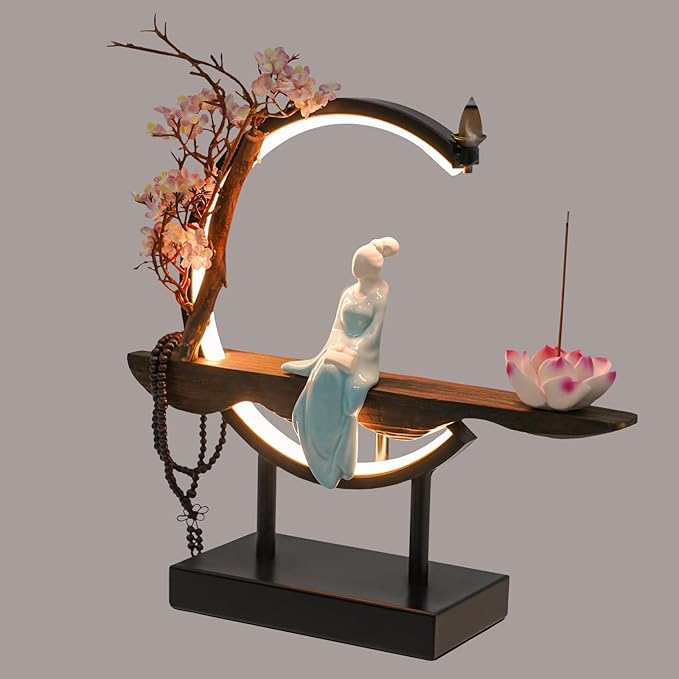 TFCFL Backflow Incense Holder with LED Light Ring, Chinese Style Handmade Flower Censer Incense Cone Sticks Burner Home Decor Aromatherapy Ornament Incense Holders + Cone