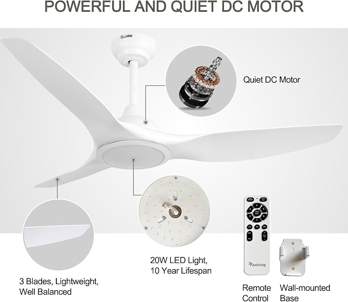 52 Inch 3 Blade Modern White Ceiling Fan with Light Remote Control | Quiet DC Motor, High CFM 6 Speed, Dimmable 3 Color LED,Indoor Ceiling Fan for Bedroom Living Room Porch