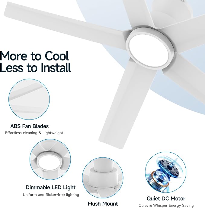 ocioc 44 inch Ceiling Fans with Lights and Remote, Dimmable Ceiling Fans with Reversible Quiet DC Motor, Flush Mount, 3CCT, White Ceiling Fan for Bedroom Living room Indoor/Outdoor