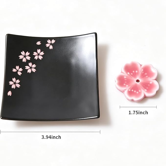 Japanese Ceramic Handmade Cute Cherry Blossom Incense Stick Holder or Incense Burner Holder, Unique Ash Catcher Inscent Tray and Decorative Gift, Home Decor 3.94 inches, Square Pink
