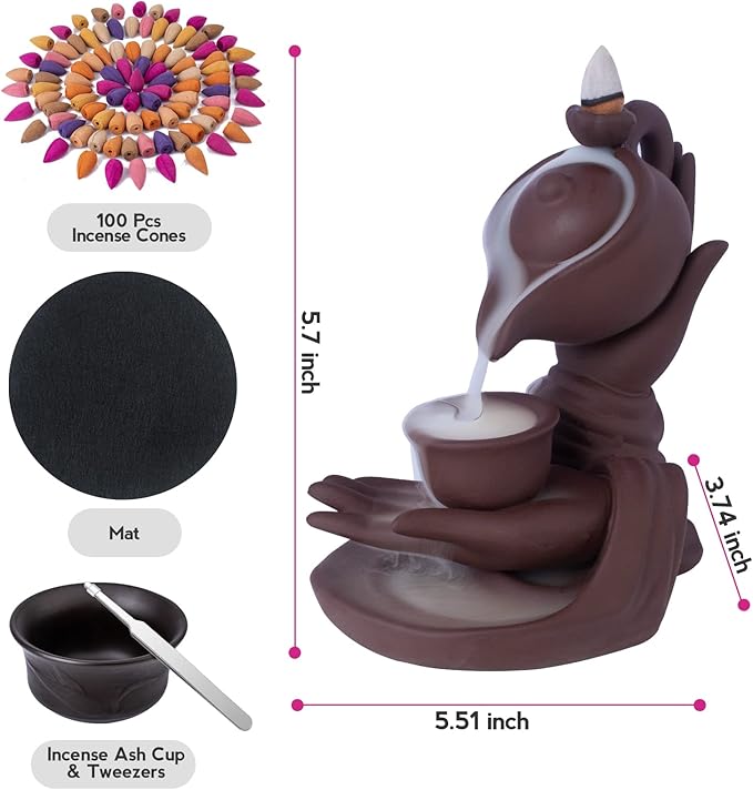 Waterfall Incense Burner Buddha Hand Backflow Incense Waterfall Burner Smoke Incense Holder Waterfall with 100 Incense Cones 10 Kind of Scents