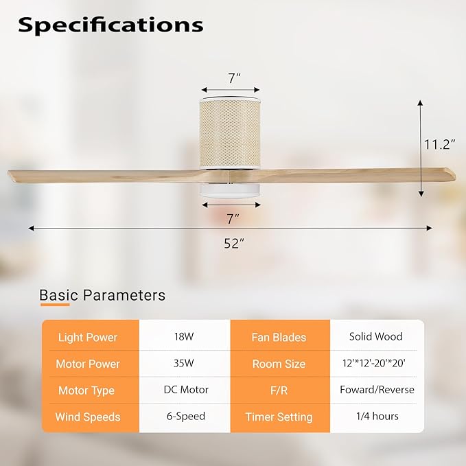 LEDLUX 52" Ceiling Fan with Light - Low Profile Flush Mount Ceiling Fan, 6-Speed Remote Control, Solid Wood, Quiet Reversible DC Motor, Boho Style, for Bedroom, Living Room, Porch, Light Oak/White