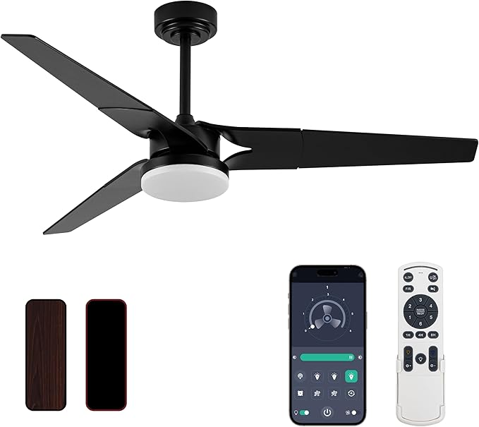 Ceiling Fan with Lights and Remote, 3 Blade App Control Timer Reversible Stepless Brightness and Color Temperature Outdoor Wood Ceiling Fan with Lights (Black, 52 In)