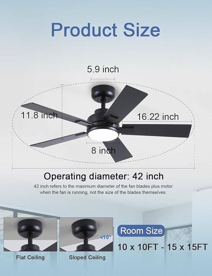 Modern Ceiling Fans with Lights - 42 inch Black Outdoor Ceiling Fan with Light and Remote, Reversible DC Motor, 6-Speed Quiet 3CCT LED Dimmable for Bedroom, Indoor and Outdoor, Patios, ETL Listed