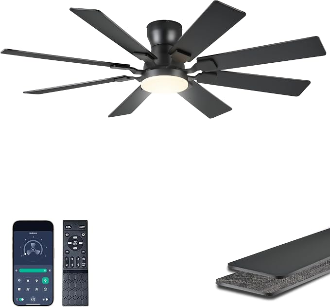 JSAITEE 52Inch Ceiling Fan with Lights, Flush Mount Low Profile, Black | Ceiling Fans,DC Reversible Motor Noiseless, 3CCT Dimmable, Dual Finish, 6 Speeds Ceiling Fan for Indoor/Outdoor
