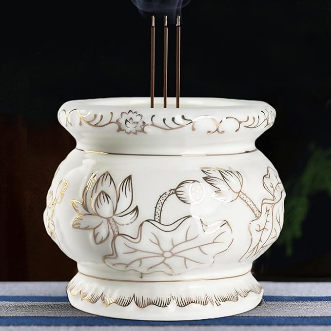 Houlu Small White Ceramic Incense Burner Pot for Praying Buddha, Tibetan Buddhist Altar Worhship Incense Censer - 4 Inches