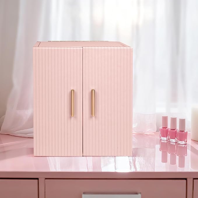 Dajasan Large Jewelry Box Organizer, Jewelry Storage with 3 Drawers, Huge Jewelry Box with Mirror, Gift Idea for Women, Girls, Double Door, Textured PU Leather Surface, Stylish (Pink + Gold)