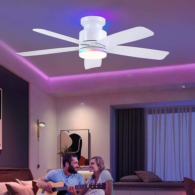 Wiviniya 46 Inch White Flush Mount Ceiling Fans with Lights, 5 Blades Reversible, 6-Speed 2H Timer, RGB & 3 CCT Dimmable, Remote & APP Control for Bedroom Kidsroom