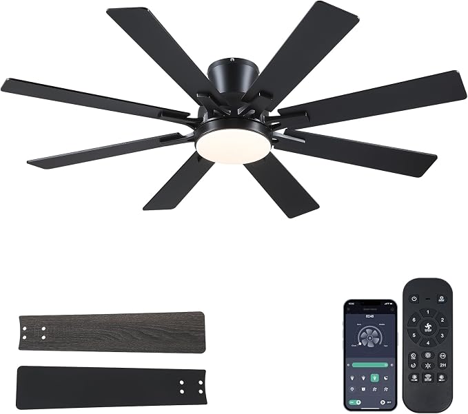 Mpayel Ceiling Fans with Lights, 52 Inch Low Profile Flush Mount Ceiling Fan, Modern Black Ceiling Fan with Light for Bedroom Living Room, Remote/APP Control, Quiet DC Motor, Dimmable, 8 Wood Blades