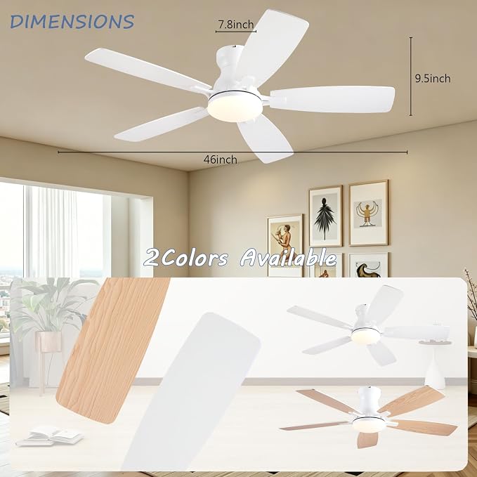 NKPU Ceiling Fans with Lights, Low Profile Ceiling Fan with Light and Remote/APP Control, DC Reversible Motor, Noiseless, Flush Mount, 46inch White Ceiling Fan for Bedroom Indoor/Outdoor Use