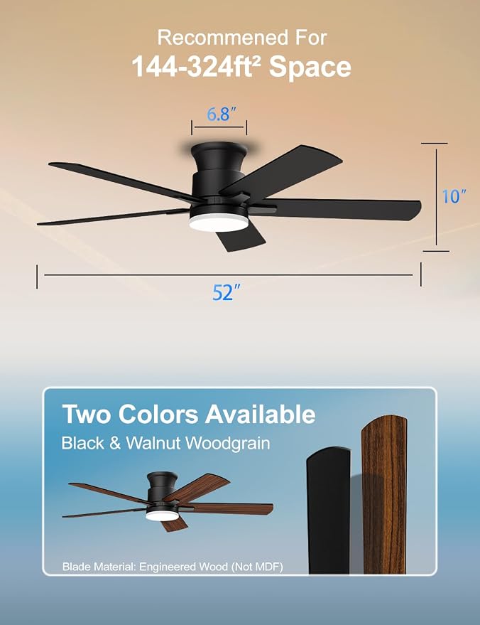Ceiling Fans with Lights 52 Inch, Flush Mount, Remote Control, 3CCT Dimmable, 6 Speeds, Quiet Reversible DC Motor, Low Profile Hugger Black Ceiling Fan for Bedroom, Living Room, Indoor/Outdoor, ETL