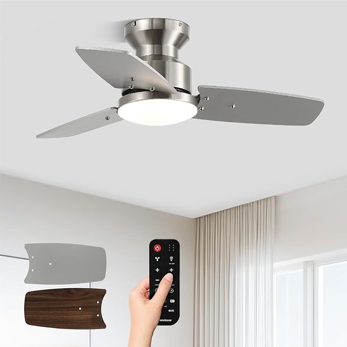 30 Inch Ceiling Fans with Lights and Remote, Bedroom Living Room Office, Flush Mount, 6CCT Dimmable, Dual Color 3 Blades 6 Speed Reversible Quiet DC Motor, Sand-Nickel/Wood Grain