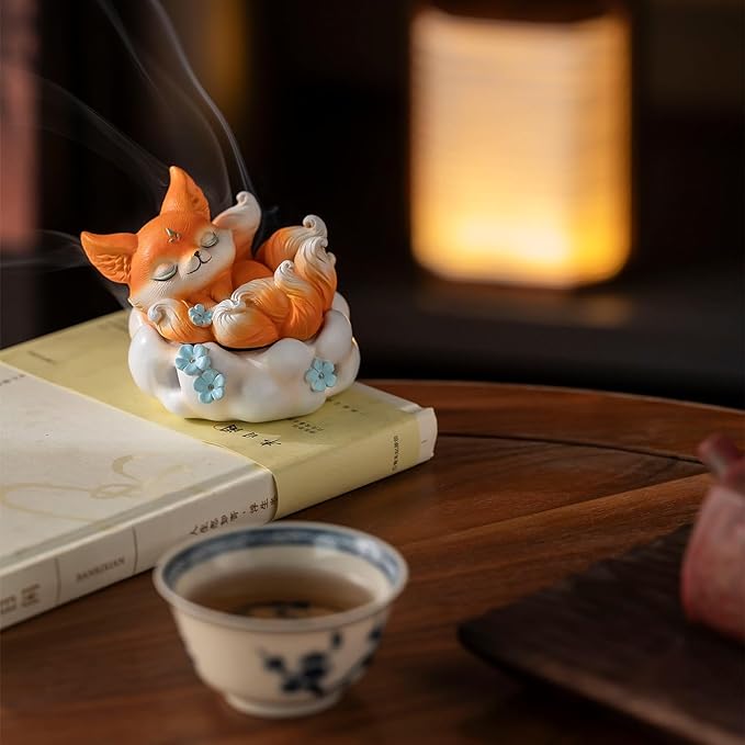 Cute Nine-Tailed Fox Decorative Incense Holder, Resin Sleeping Fox Figurine Cone Coil Incense Burner with Lid, Ash Catcher for Yoga Meditation Spa Home Office Aromatherapy Decor (Orange)