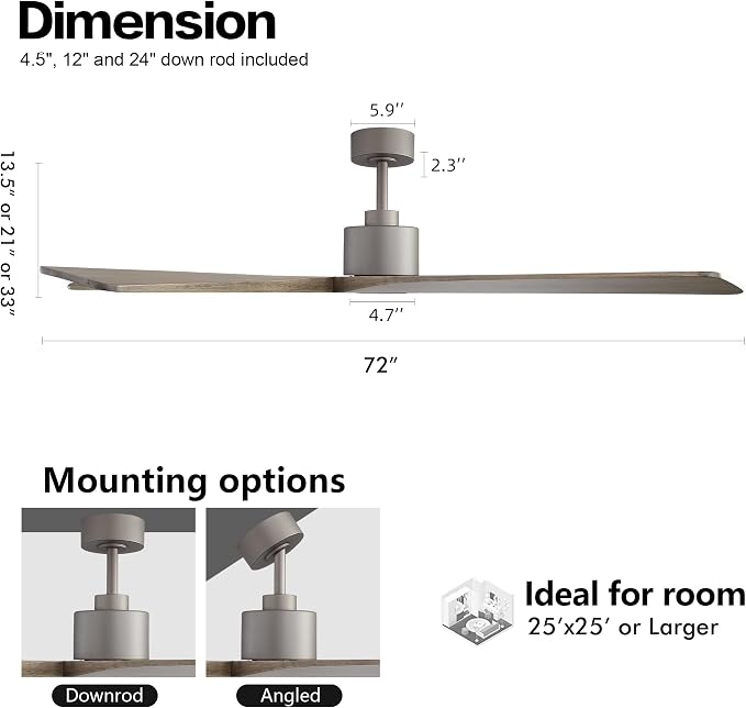 WINGBO 72 Inch DC Ceiling Fan No Light with 3 Downrods, 5 Reversible Carved Solid Wood Blades, 6-Speed Noiseless DC Motor, Ceiling Fan without Lights in Graphite Finish and Gray Blades, ETL Listed