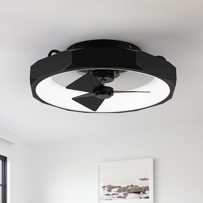 Low Profile Black Ceiling Fans with Lights and Remote - 20" Flush Mount Ceiling Fan Bedroom, 3000-6000K Dimmable Fandelier LED Fan Light, 6 Wind Speeds, Modern Black Fandelier